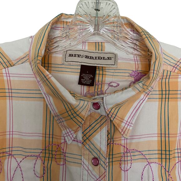 BIT & BRIDLE Women's L  Plaid Embroidered Pearl Snap Shirt Cowgirl Rodeo Western - Picture 3 of 9